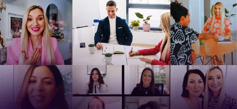 Collage of Anna and her clients engaged in coaching sessions, brainstorming, and business strategy meetings, showcasing collaboration and growth.